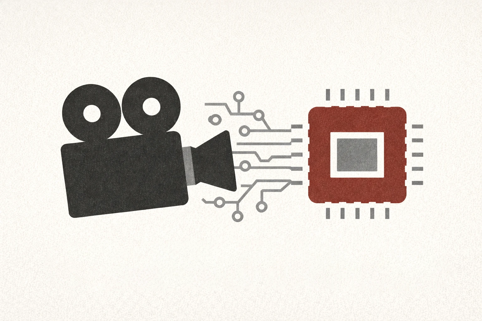 Una cámara de cine junto a un microchip y circuitos