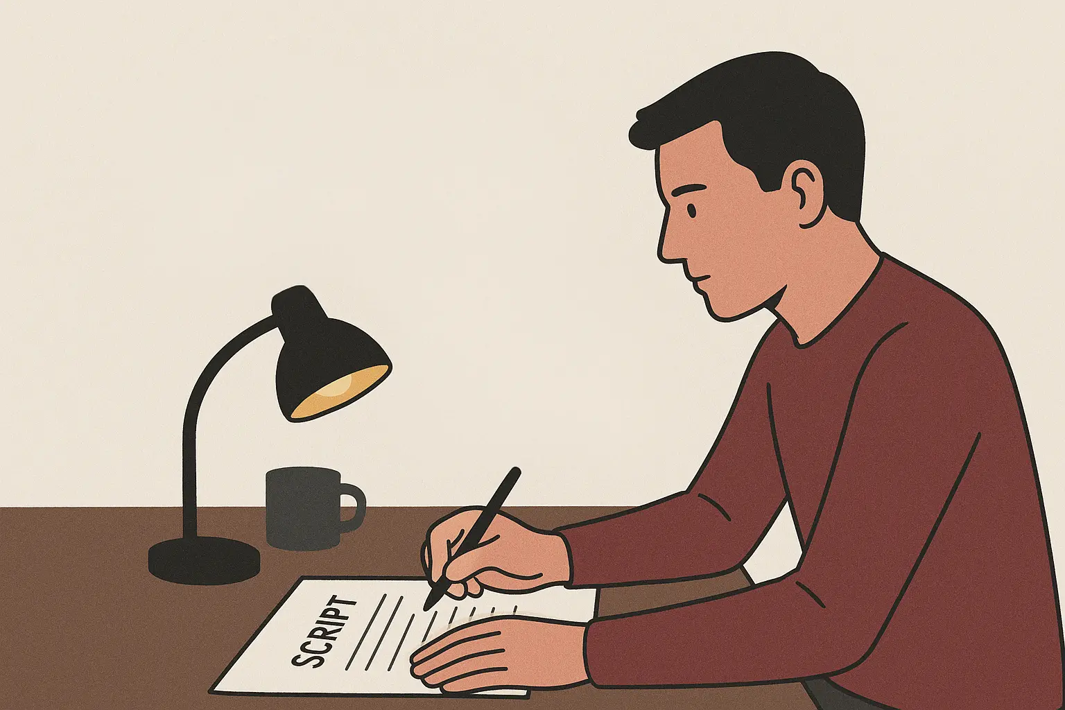 Ilustración plana de un guionista vendiendo su guion, con íconos de cine.