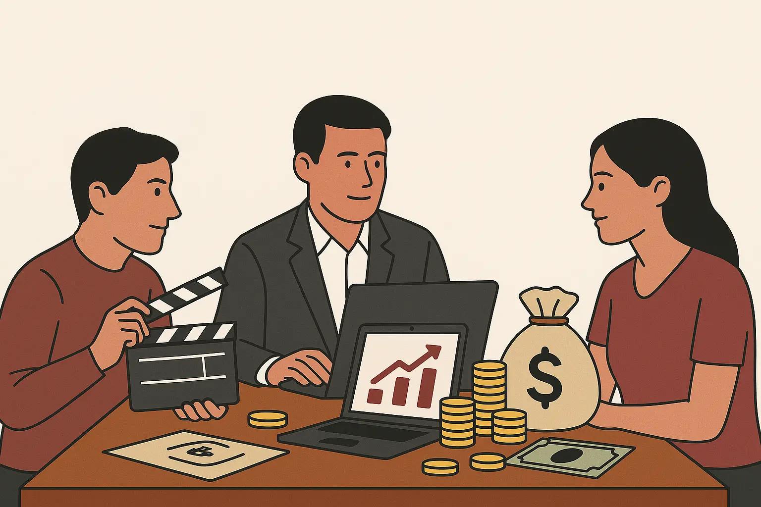 Cineastas planeando la financiación de un proyecto audiovisual.