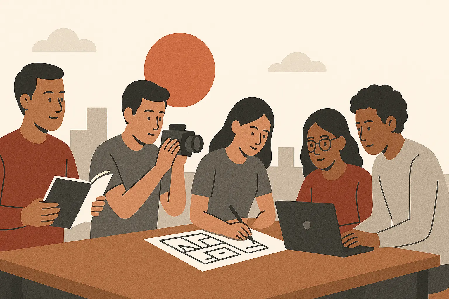 Equipo de cineastas independientes planificando una película en un set urbano, con cámara, guiones y storyboards.