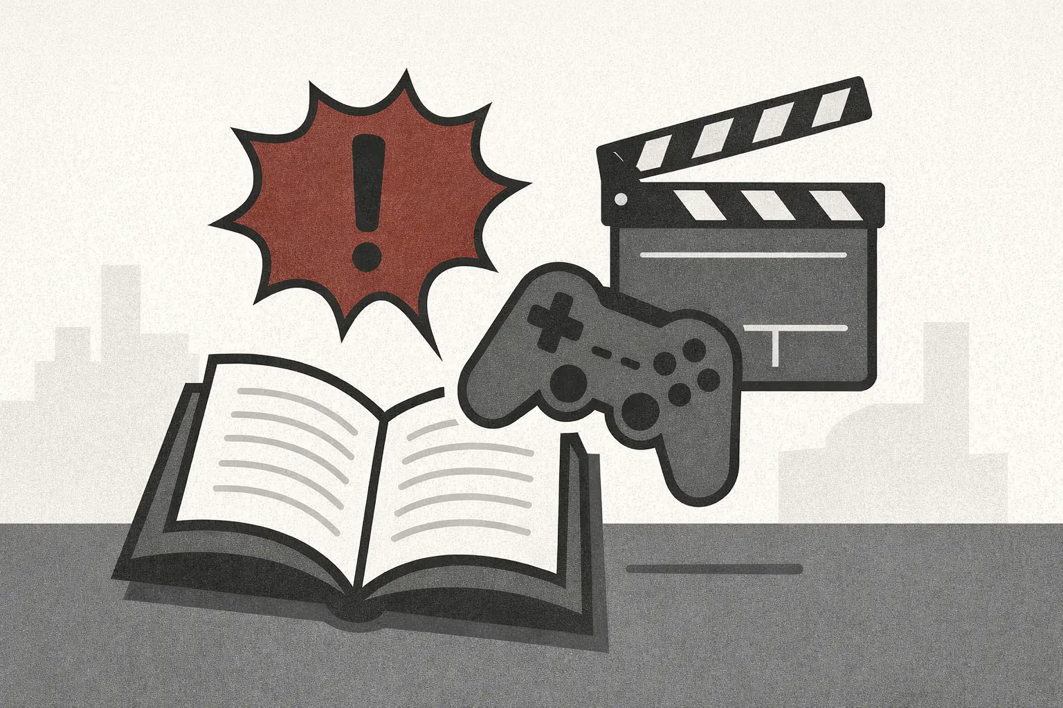 Un libro abierto, viñetas de cómic y un mando de videojuego que se convierten en una claqueta de cine, representando la adaptación de contenidos diversos al cine.