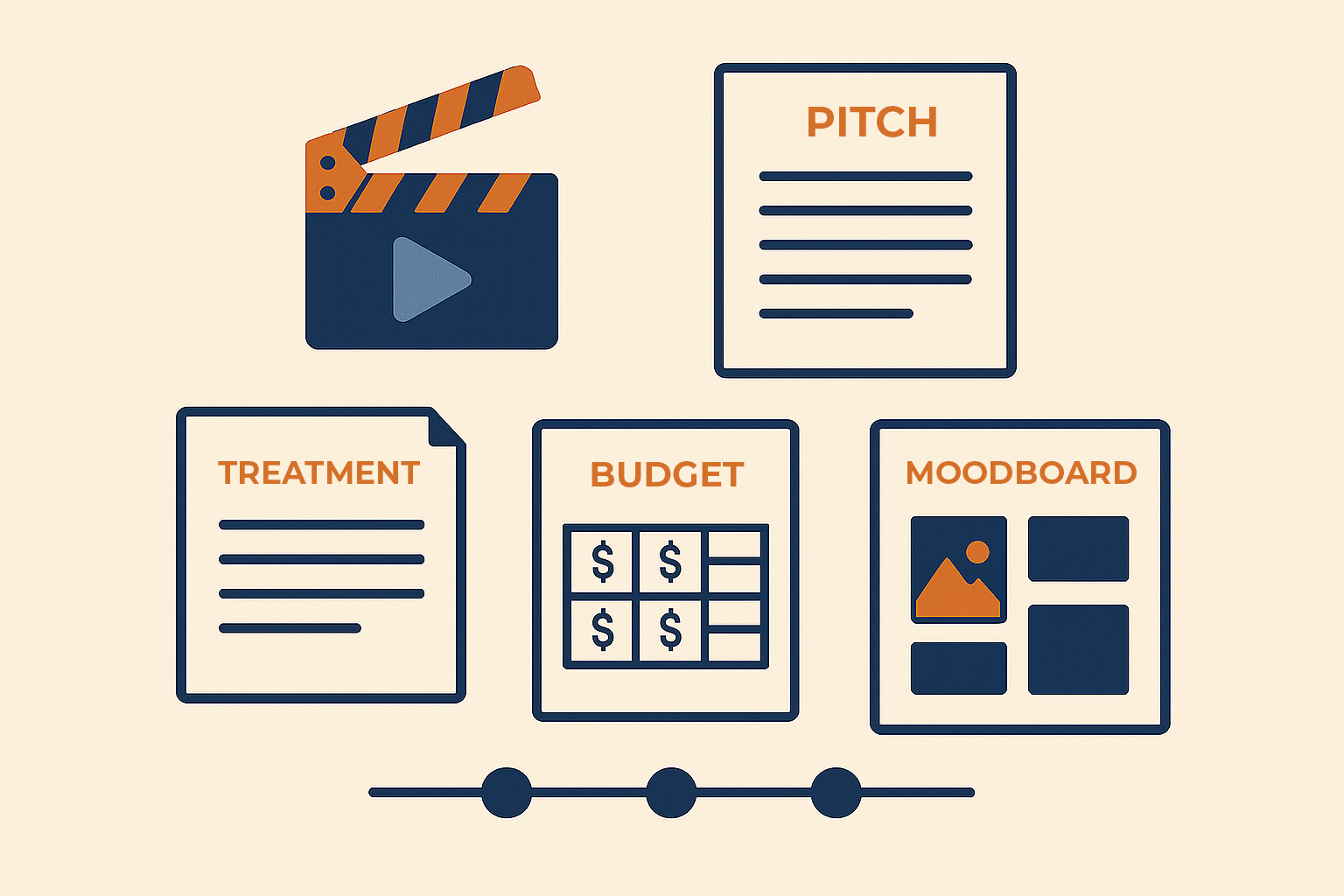 Ilustración de un cineasta organiza una carpeta de proyecto cinematográfico con referencias visuales y documentos.